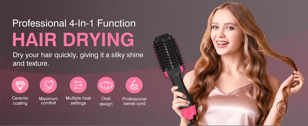 Simples Market LISAPRO 2-in-1 hair dryer and volumizer with pink accents, held by a smiling model