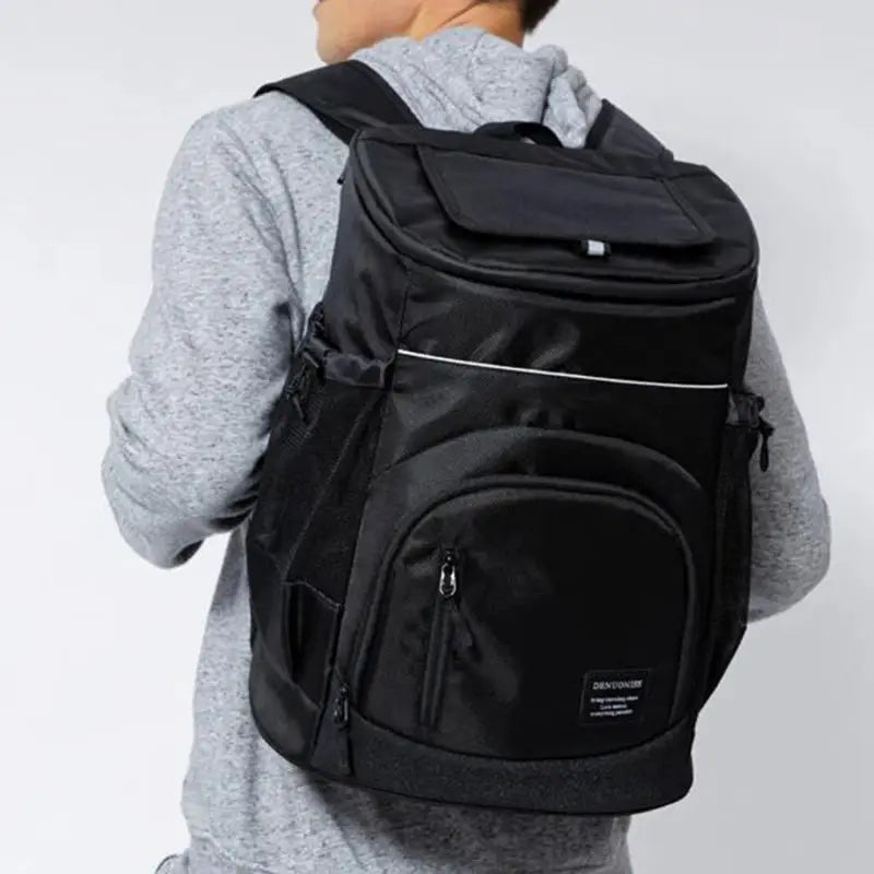 Soft insulated cooler backpack, black 30L, for travel and outdoor use