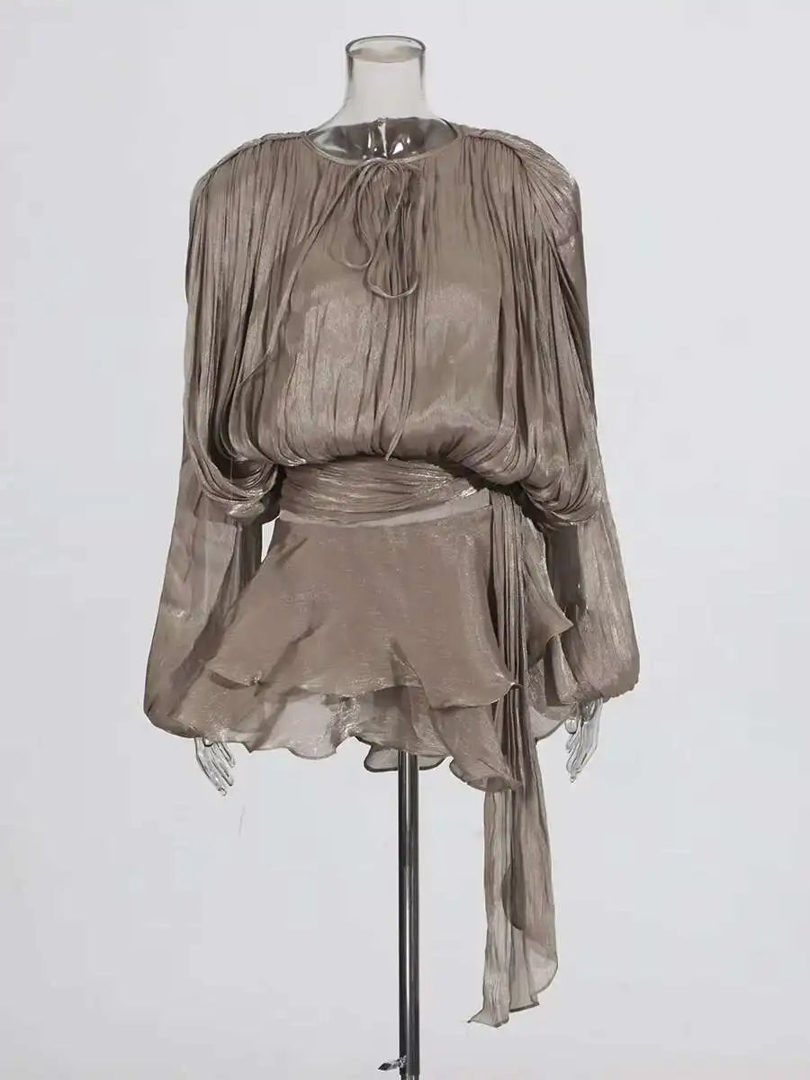 Twotwinstyle Solid Blouse Mini Dress For Women V Neck Long Sleeve Lace