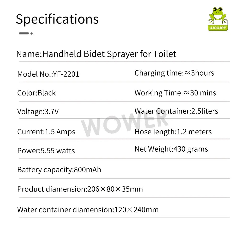 Simples Market 2.5L portable electric handheld bidet sprayer (model YF-2201), black