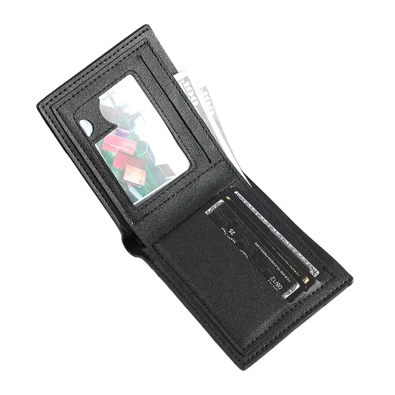 Simples Market black leather short wallet with clear ID window and card slots