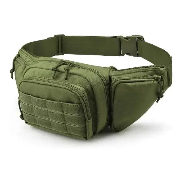 Tactical waist pack, green nylon fanny bag with front MOLLE webbing and multiple zip pockets by Simples Market