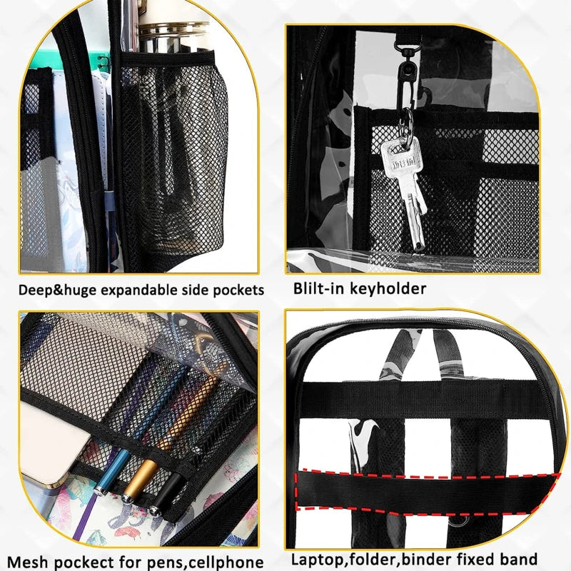 Simples Market clear waterproof backpack with expandable side pockets, built-in keyholder, and mesh pockets for pens