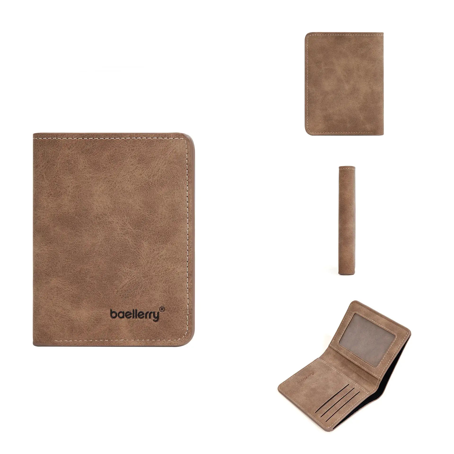 Leather bifold wallet by Baellerry with brown sanded finish, multiple card slots and ID window