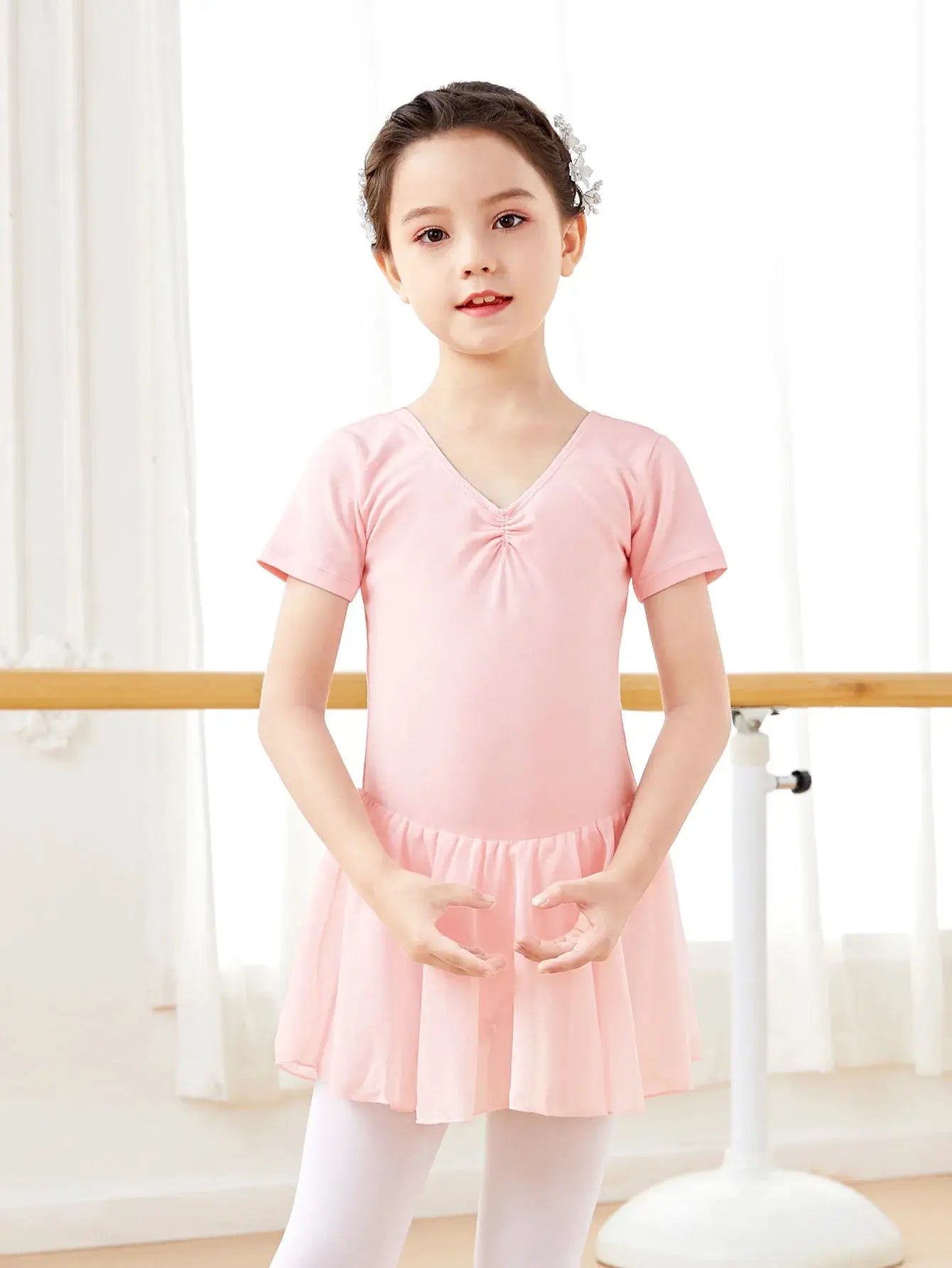 DreamDance Girls Ballet Leotard Dress With Chiffon Skirt Breathable Cotton Elastane Blend For Flexible Comfort