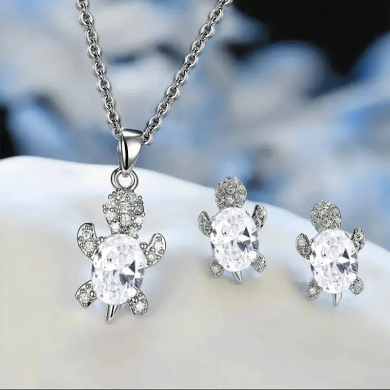 Three Piece Silver Plated Necklace Earrings Set For Ladies With Turtle Shape And Multicolor Glass Diamonds