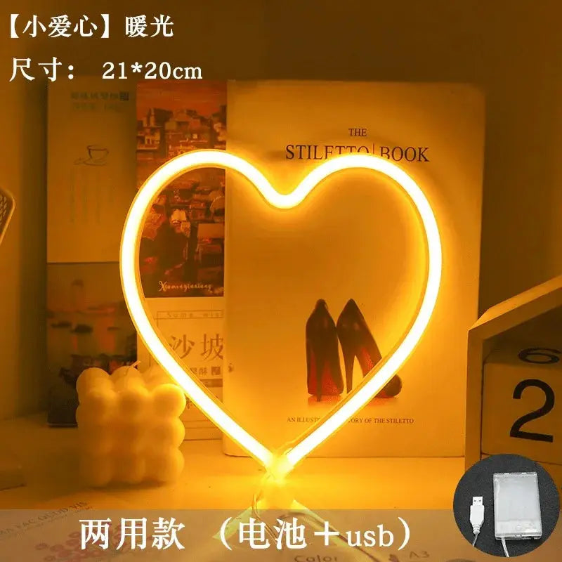 Heart-shaped neon sign for wall decor, warm white LED, 21×20 cm, USB and battery powered