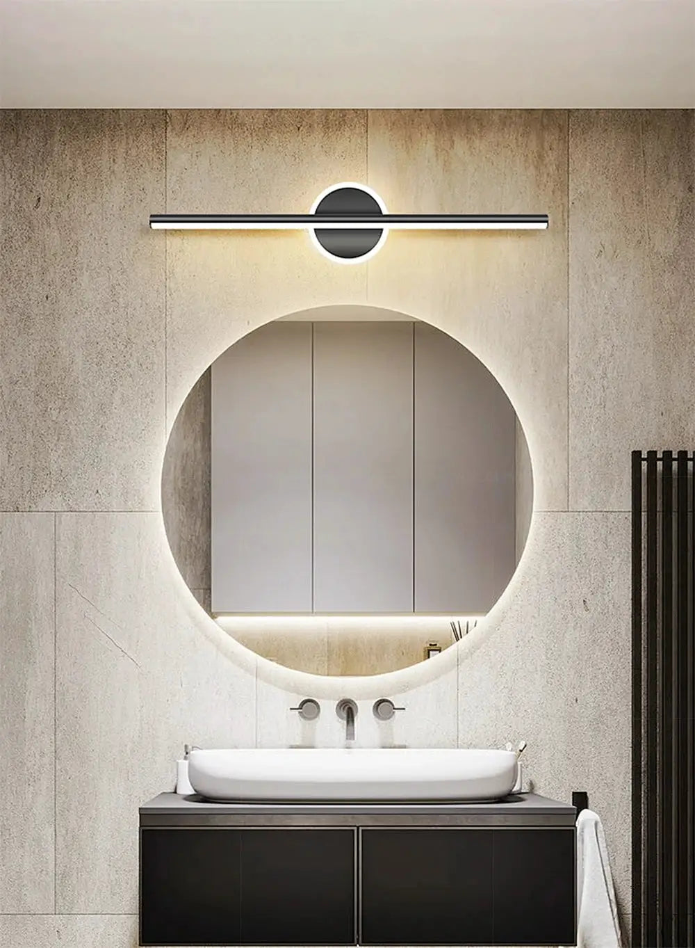 Modern LED wall lamp; black and gold long strip (40/60cm) above a circular backlit bathroom mirror.