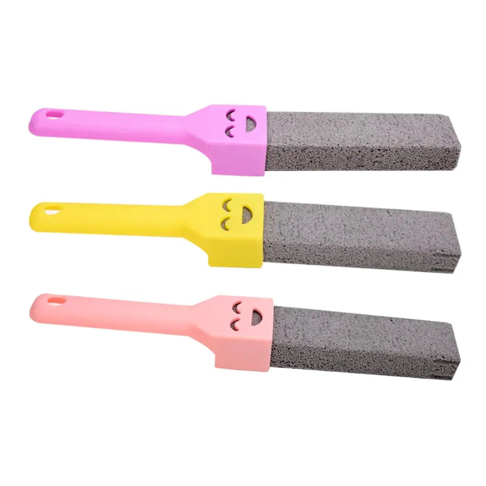 3-pack pumice stone cleaning sticks with pink, yellow, and peach handles and gray abrasive blocks
