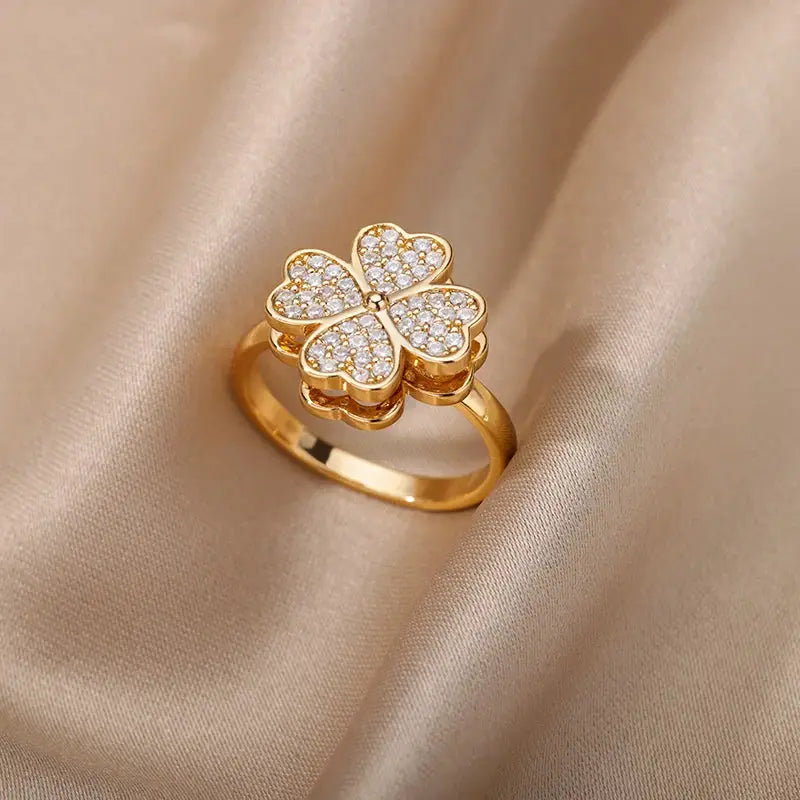Spinner Zircon Heart Four Leaf Clover Ring For Women Stainless Steel Anti Stress Fidget Jewelry Christmas Gift