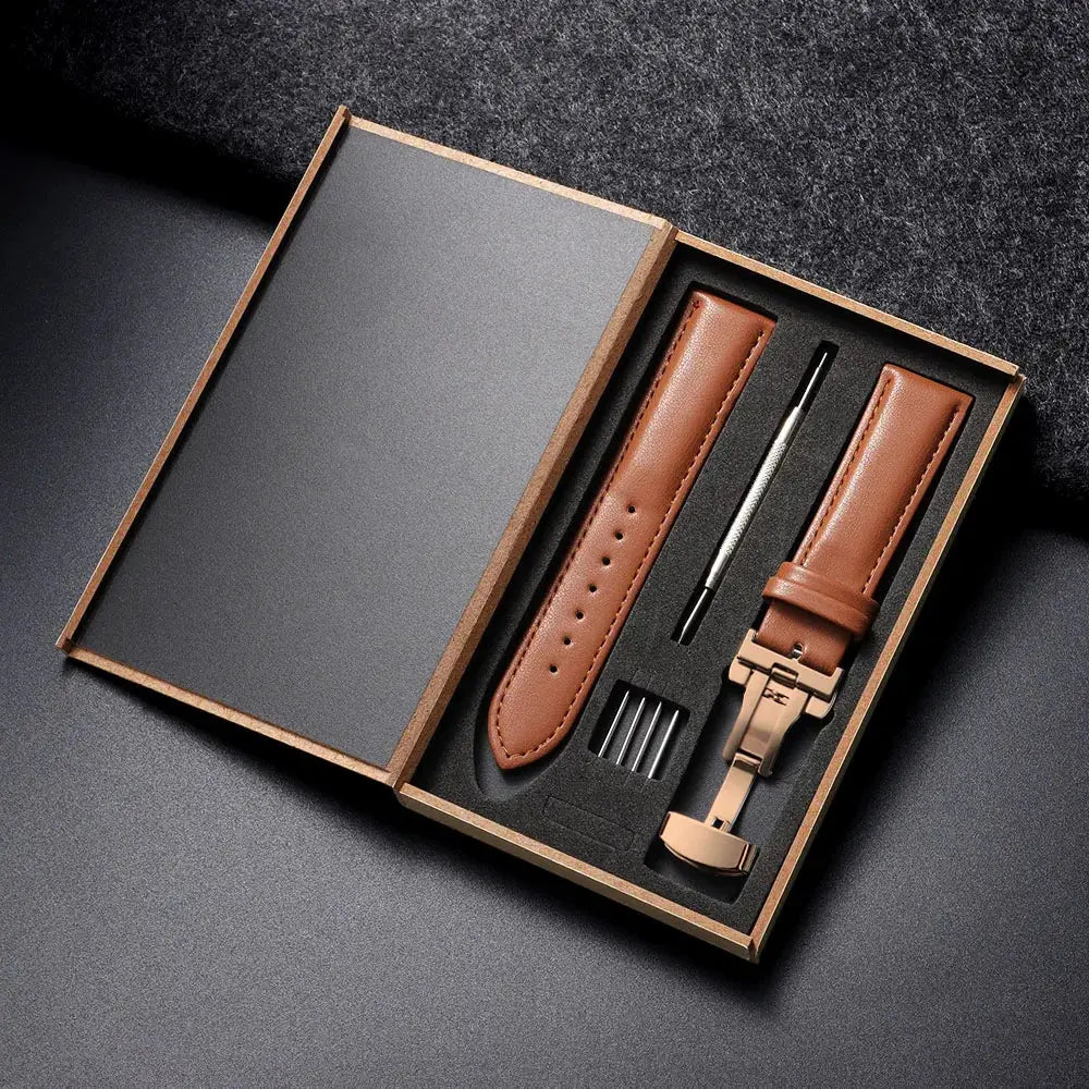 Genuine Leather Watchband 14 16 18 20 22 24mm With Automatic Butterfly Buckle For Men And Women Gift Box