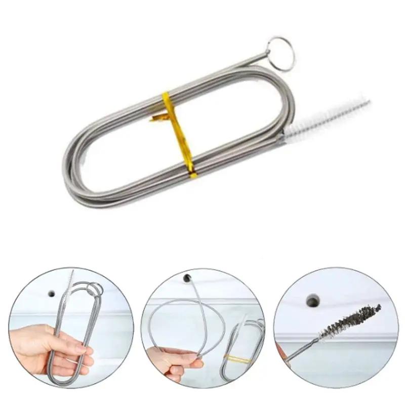 Long flexible stainless steel refrigerator drain dredge tool with built-in brush for clearing fridge drain holes