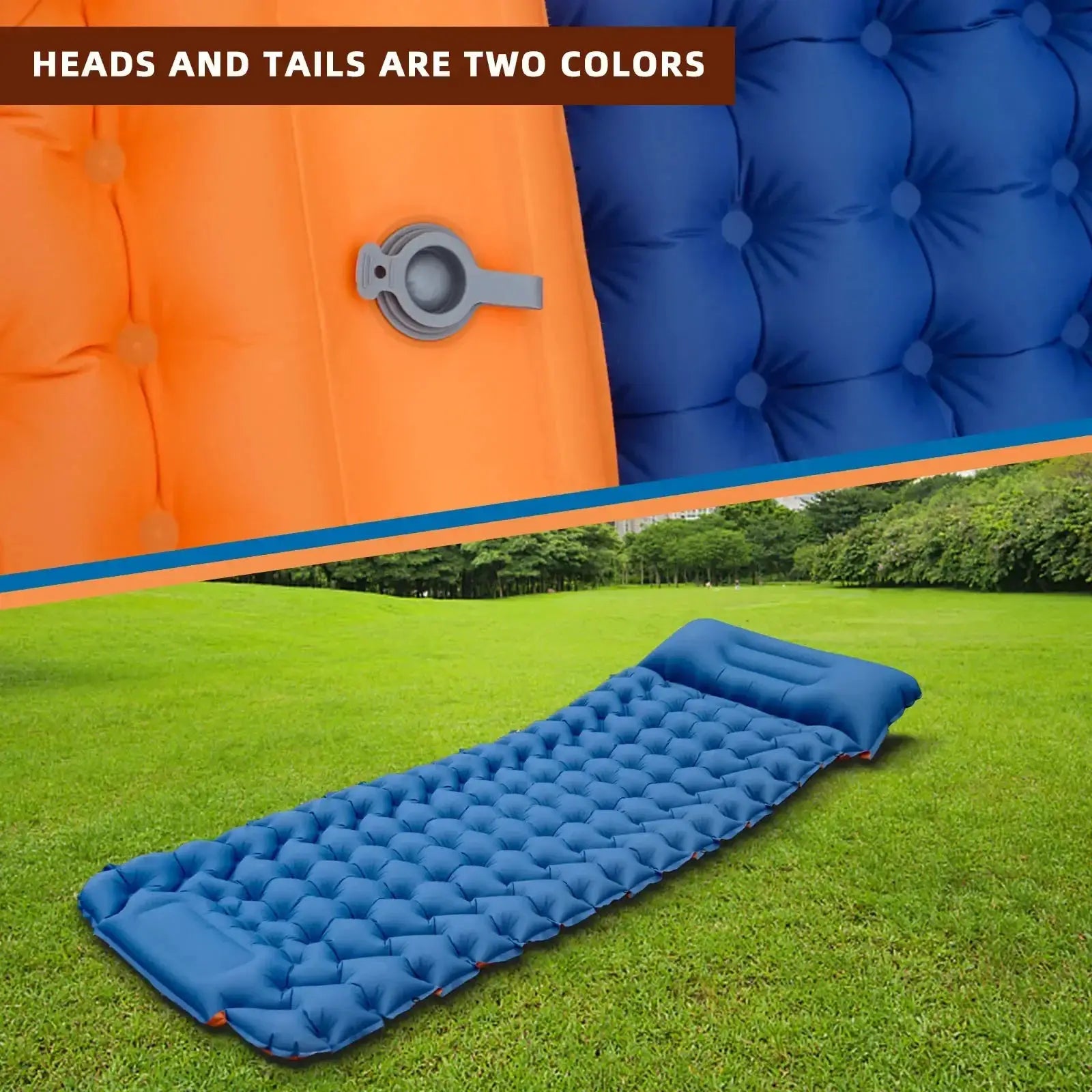 Simples Market outdoor sleeping pad; blue inflatable camping mat on grassy field for ultralight travel.