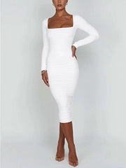 Autumn Winter Women Bodycon Dress Square Neck Long Sleeve Evening