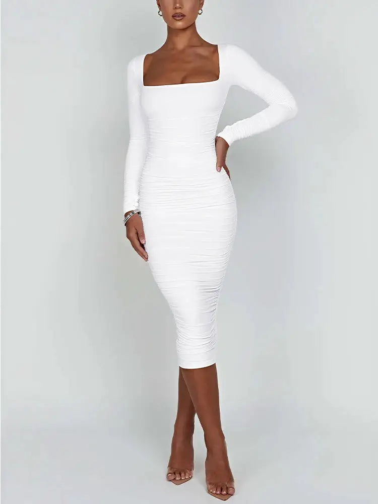 Autumn Winter Women Bodycon Dress Square Neck Long Sleeve Evening