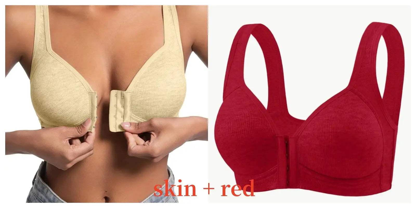Women's bra wire-free front-closure in beige and red with full-coverage cups.