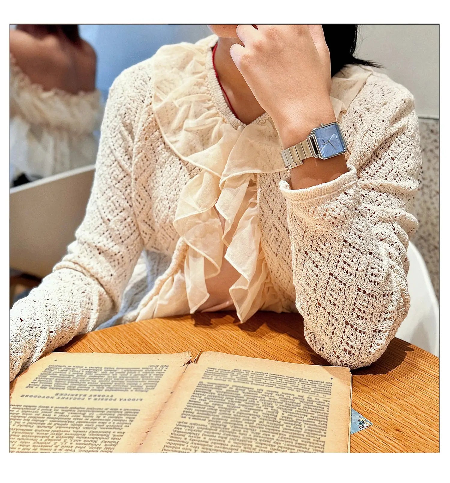 Women's watch with a gold-tone retro square dial and stainless steel strap