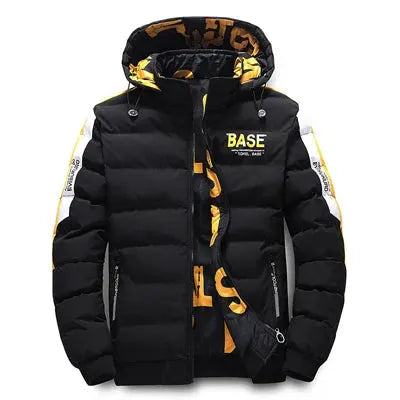 DIMUSI men's padded winter jacket, black with yellow accents, hooded puffer coat with BASE logo on chest