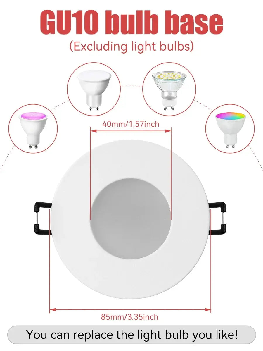 Simples Market GU10 replaceable-bulb LED ceiling downlight, white round recessed spotlight, 85mm diameter.