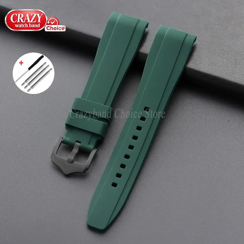 Green silicone watch strap, two-piece with buckle; universal curved-end design, Crazy watch band logo