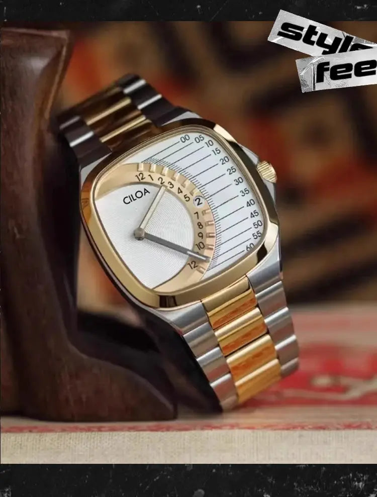 CILOA retro square men's watch with two-tone gold and silver stainless steel strap, waterproof quartz