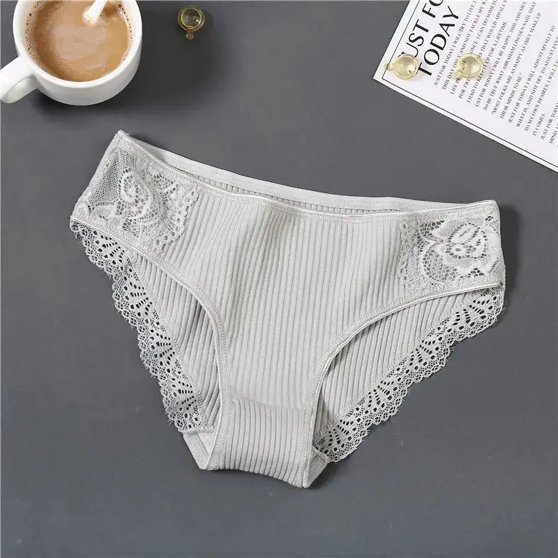 Women's cotton panties with lace trim, gray ribbed fabric, low-rise briefs.