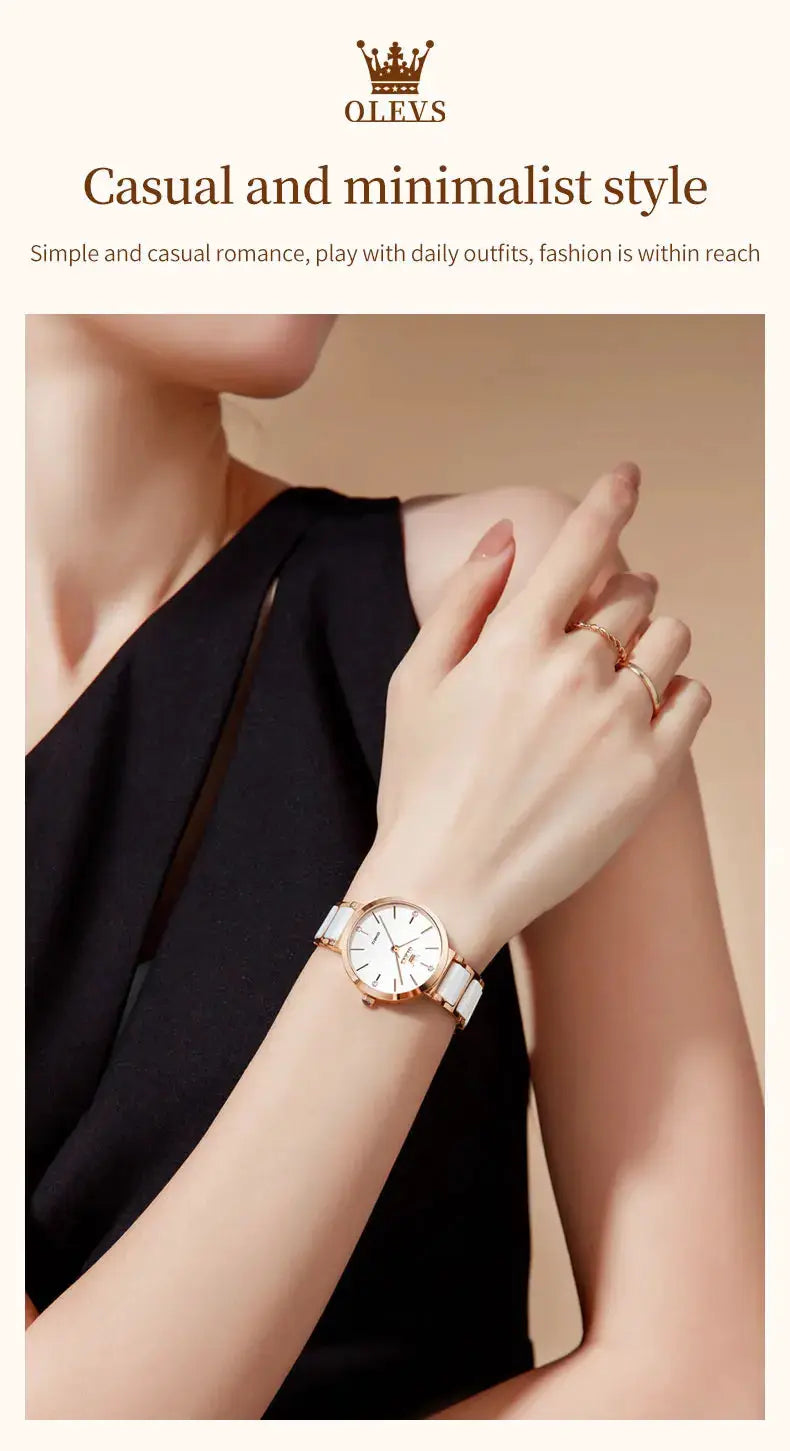 OLEVS women's wristwatch with rose-gold case, white dial and white strap