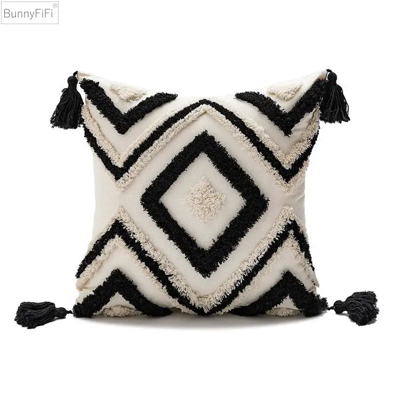 Pillow cover with cream base and black diamond tufting, beige center, tassel corners; BunnyFiFi logo visible