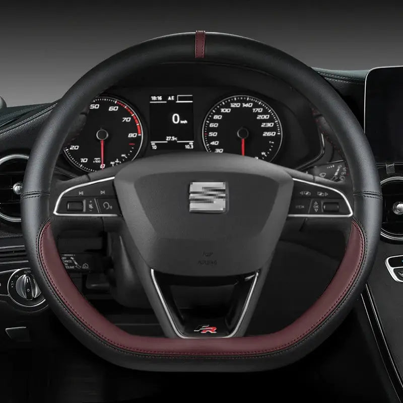 Steering wheel cover microfiber leather, non-slip, 38cm, black with burgundy stitching, SEAT FR compatible