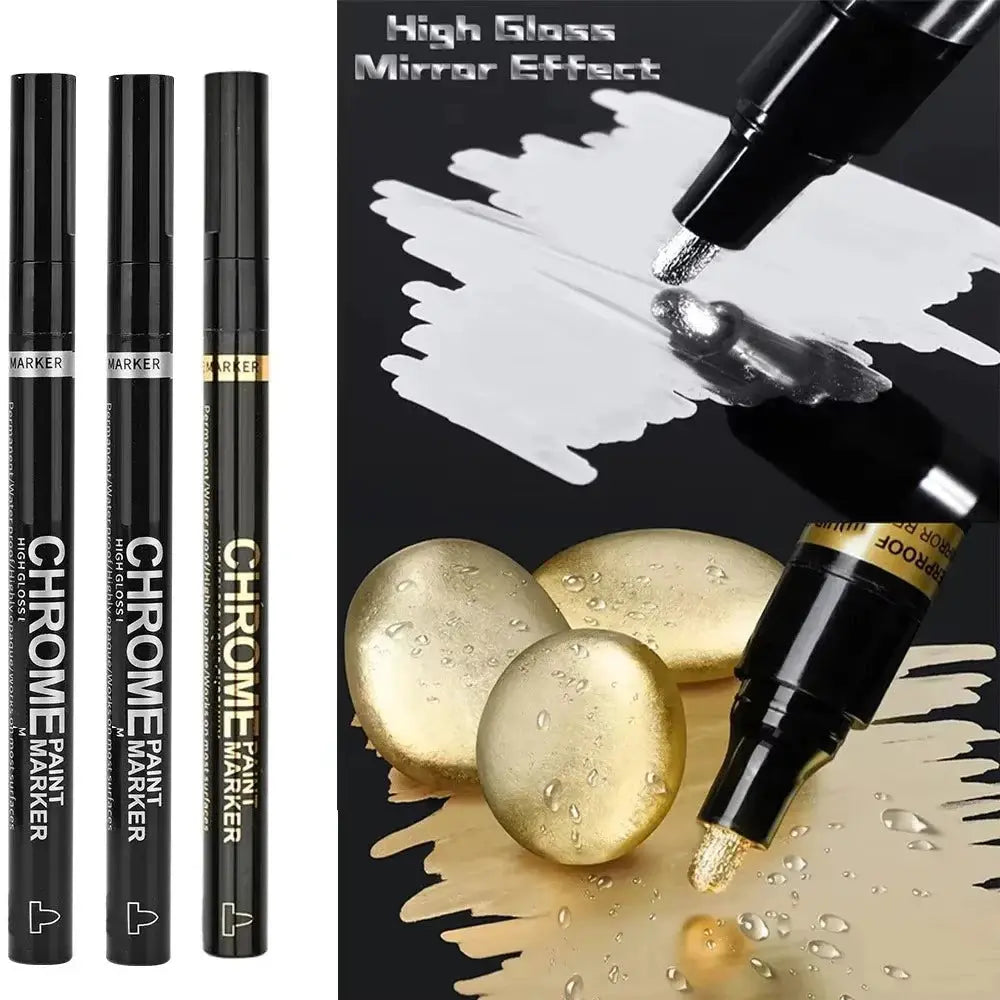 Chrome paint marker set, 3pc black markers with chrome bands; gold and silver colors, Simples Market