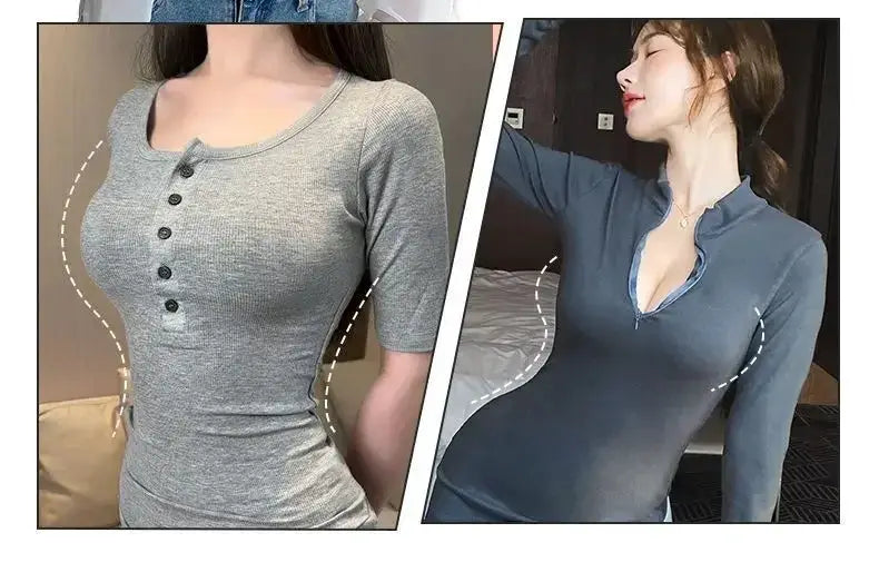 Push-up bra for small chests shown on 2 models wearing gray and blue fitted tops.
