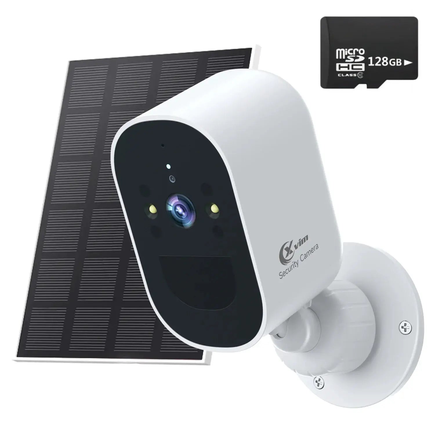 XVIM solar security camera with solar panel and 128GB microSD card mounted on a white mounting bracket.