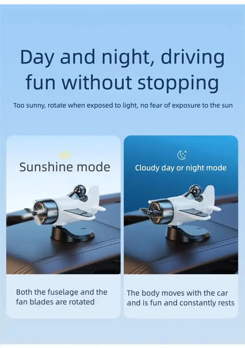 Solar powered rotating airplane dashboard ornament by Simples Market; white airplane, 360° spin.