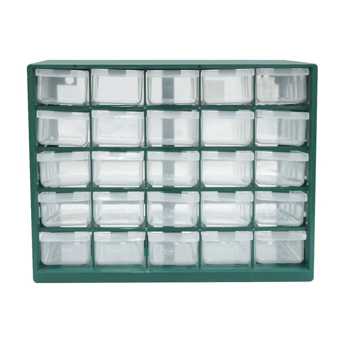 25-compartment wall-mounted parts box with green frame and clear drawers