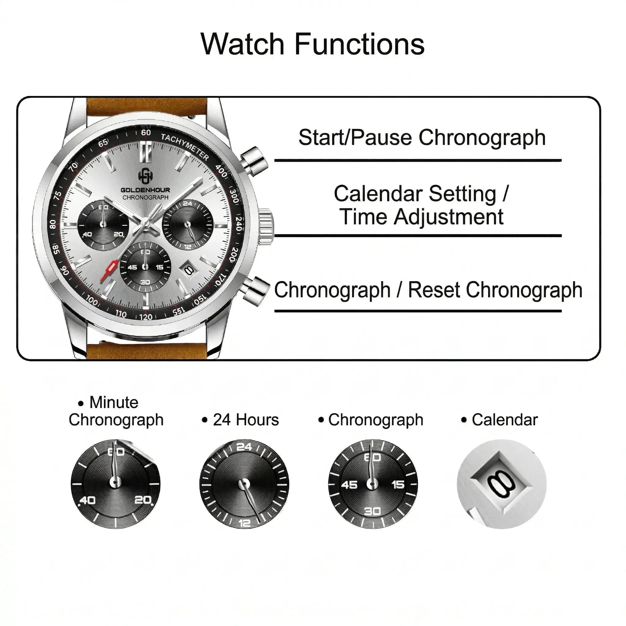 Men's Goldenhour chronograph wristwatch with brown leather strap, silver case, gray dial and black tachymeter bezel