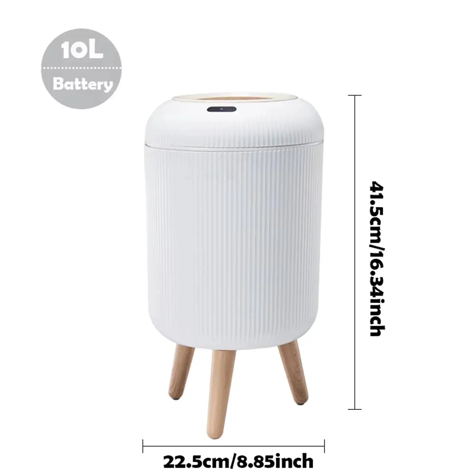 Automatic trash can with lid, small white ribbed plastic bin on wooden legs with motion-sensor design