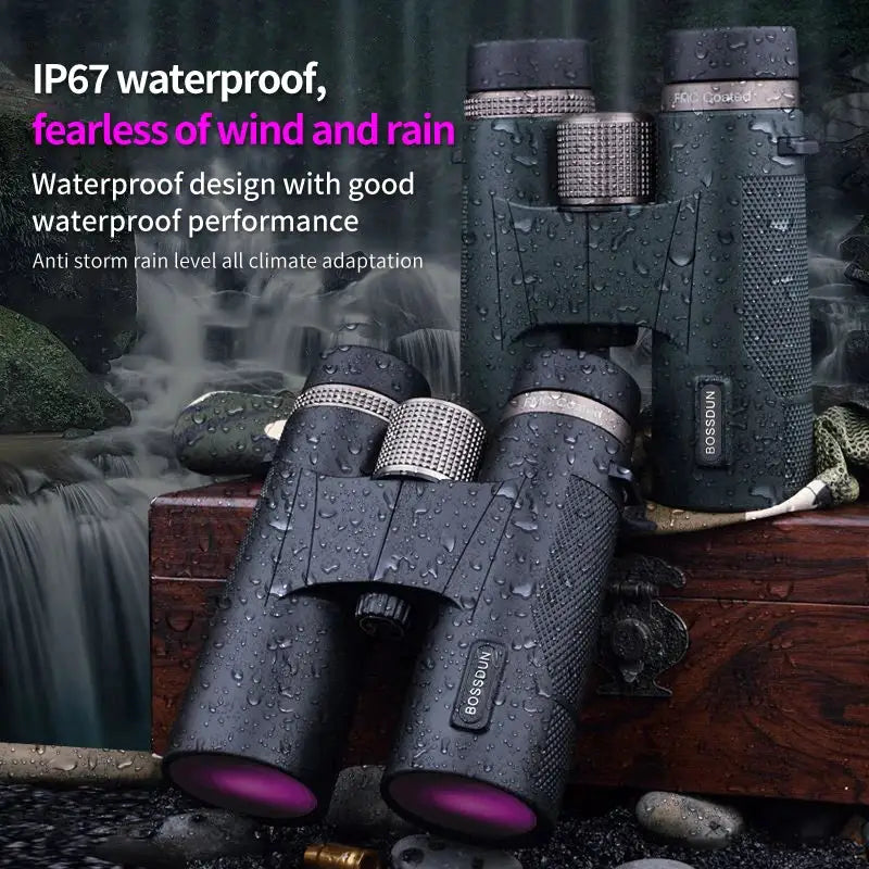 Two BOSSDUN binoculars, 12x42 HD professional, black metal body with purple-tinted lenses; waterproof.