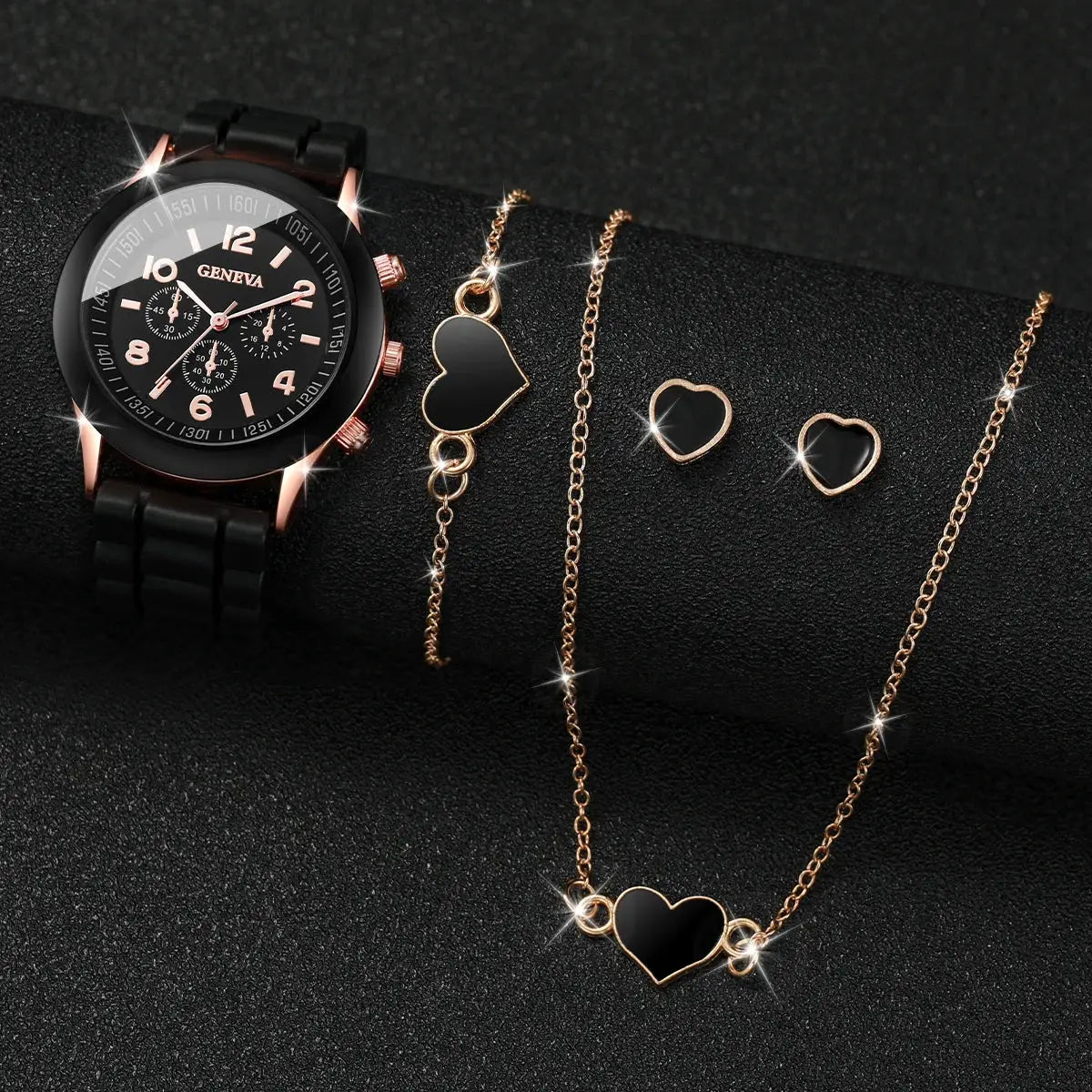 5-piece women's watch and jewelry set with black-dial Geneva quartz watch and silicone band; rose-gold heart bracelet, necklace, and earrings