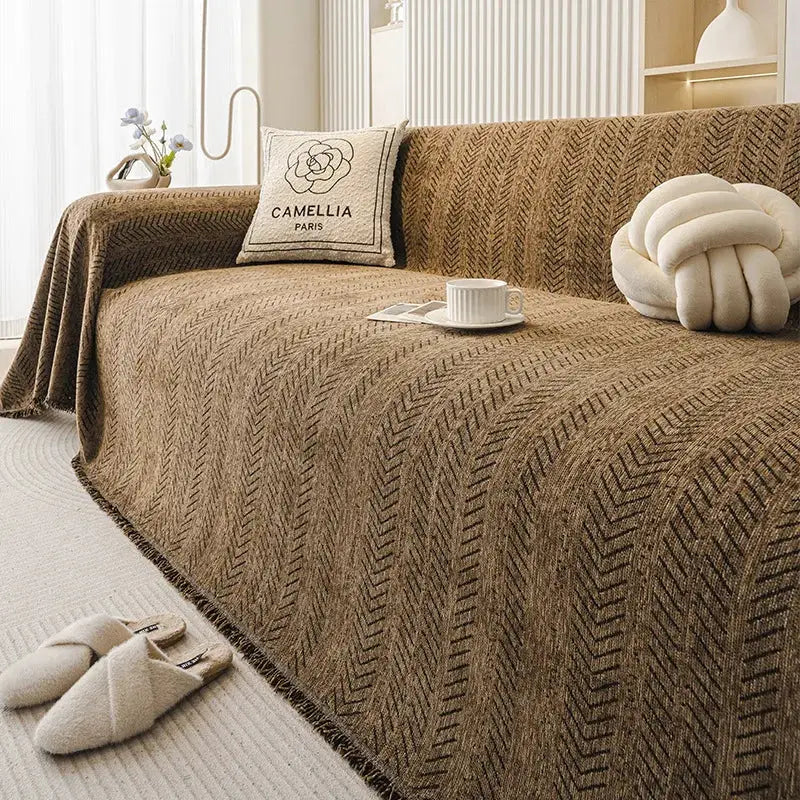 Home sofa cover, fishbone pattern for 3-seater, brown with non-slip, anti-scratch and stain-resistant