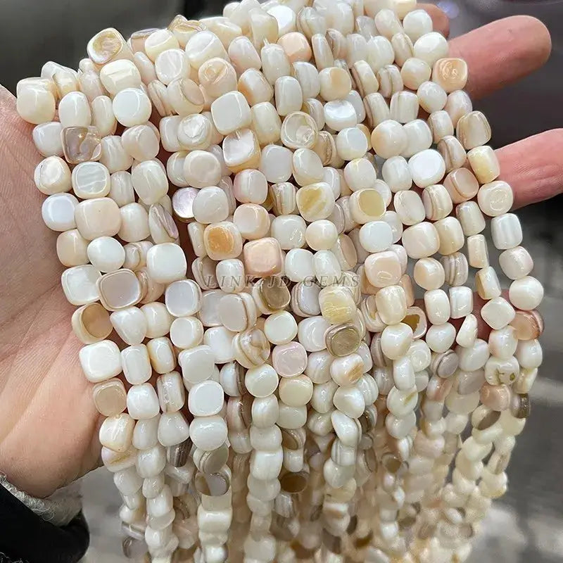 Natural shell beads strands; irregular square-cut cream and beige mother-of-pearl beads for jewelry making
