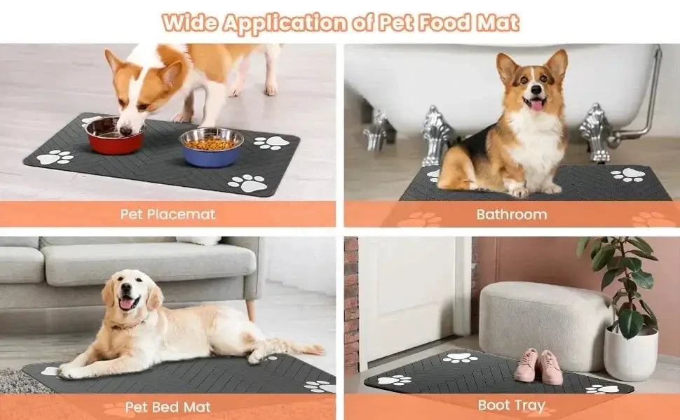 Absorbent Pet Mat S/M/L by Simples Market, dark gray non-slip mat for dog and cat bowls; four uses shown