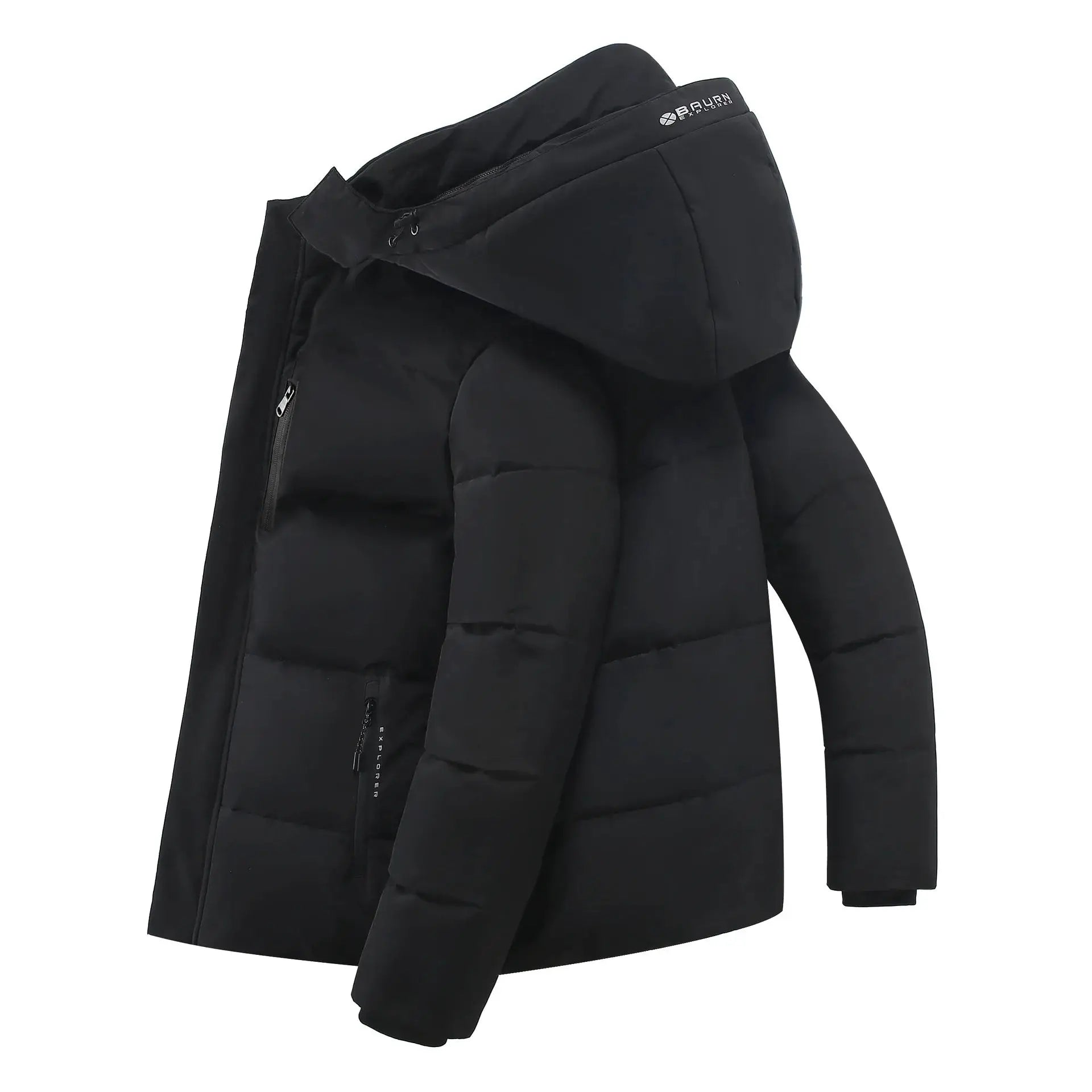Men's black hooded puffer jacket by Baurn Explorer; quilted down coat with front zipper