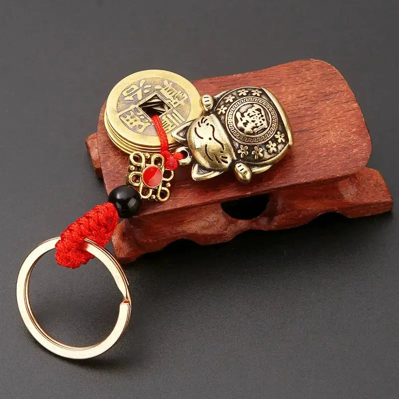 Vintage Handmade Lucky Cat Keychain With Five Emperors Coins Feng Shui Copper Alloy Gold Tone