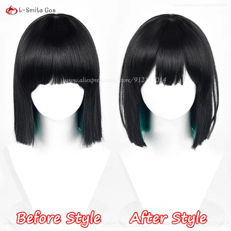 Anime Sua cosplay wig 30cm, black with green mix, heat-resistant synthetic hair by Simples Market; two wigs shown.