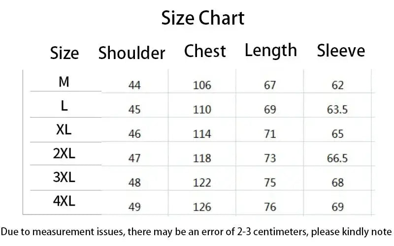 Men's puffer jacket size chart with shoulder, chest, length and sleeve measurements (M–4XL)
