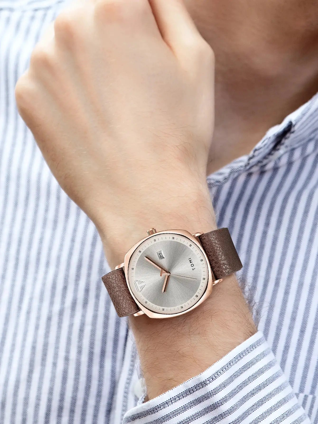TOMI men's minimalist quartz watch with rose-gold case and brown leather strap