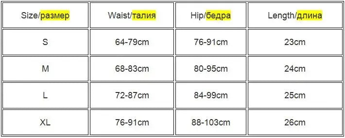 Women's high waist sports shorts size chart by Simples Market showing waist, hip and length (S-XL)