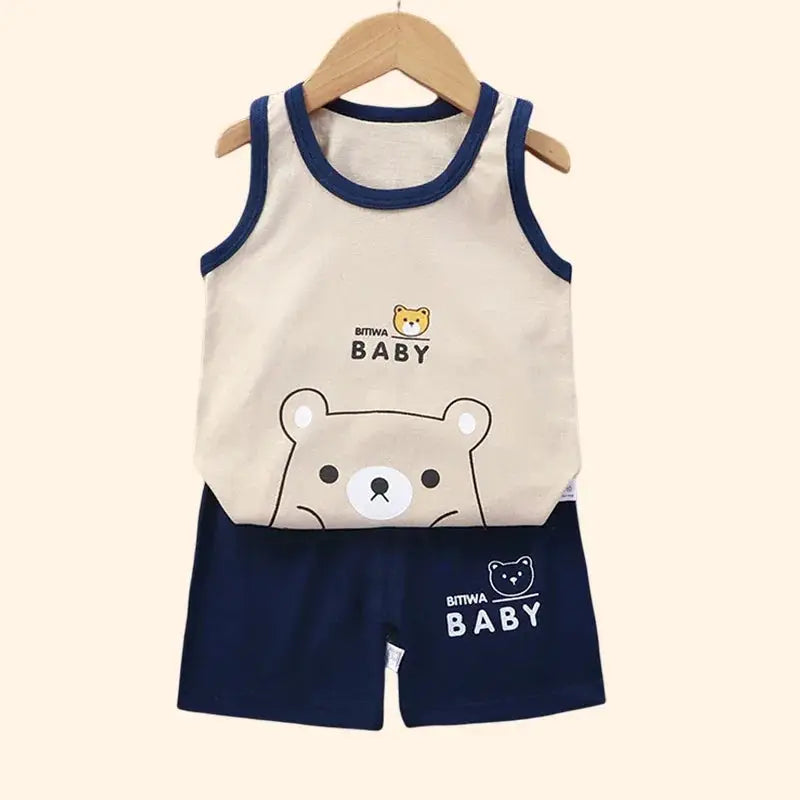 Unisex Summer Cotton Kids Sets For Boys And Girls Vest T Shirts Shorts Tank Top Sleeveless Age One To Three Years