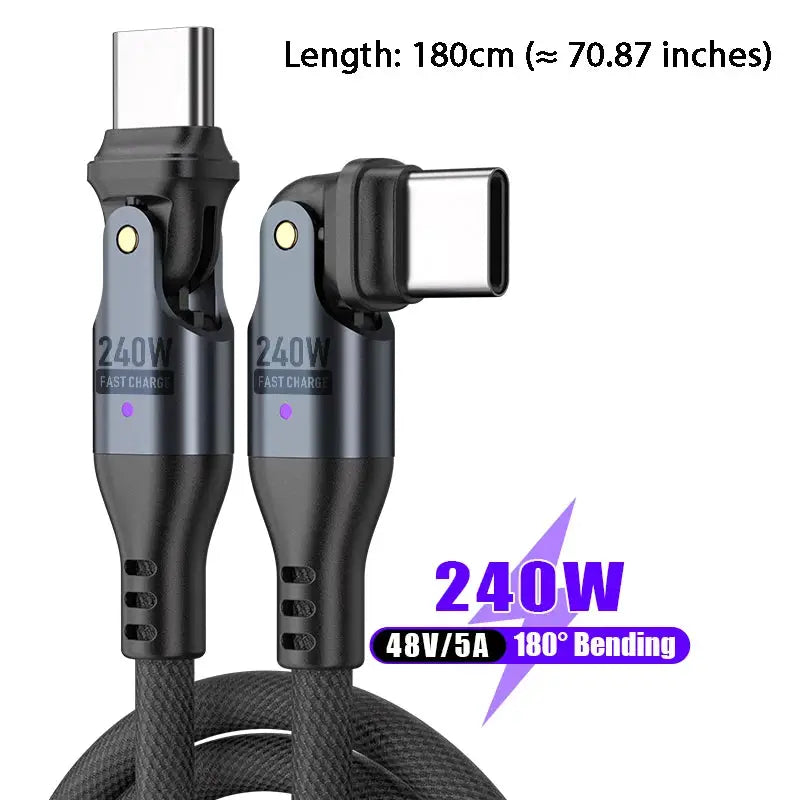 Type C to Type C 240W USB Cable 5A Fast Charging 180 Degree Elbow Design for Huawei MacBook Samsung Oppo