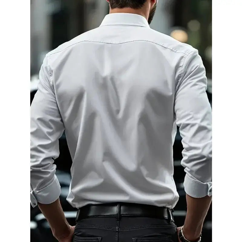 2025 Men's Solid Color Long Sleeve Shirt Elastic Smart Casual Four Season Business Shirt